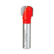 Red and gray router bit with curved cutting head for dish carving woodworking applications.