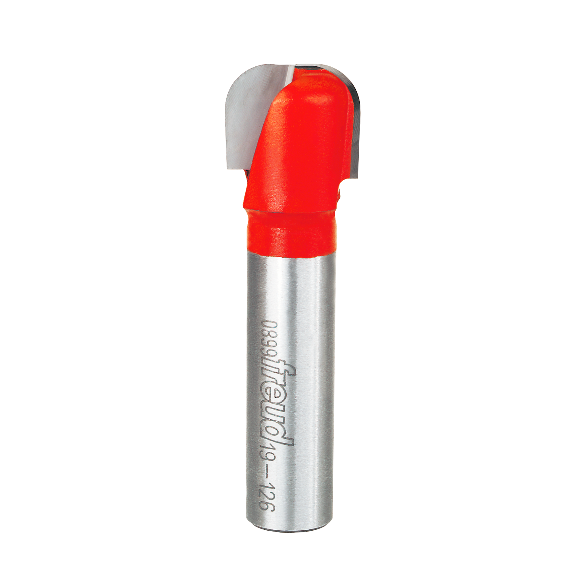 Red and gray router bit with curved cutting head for dish carving woodworking applications.