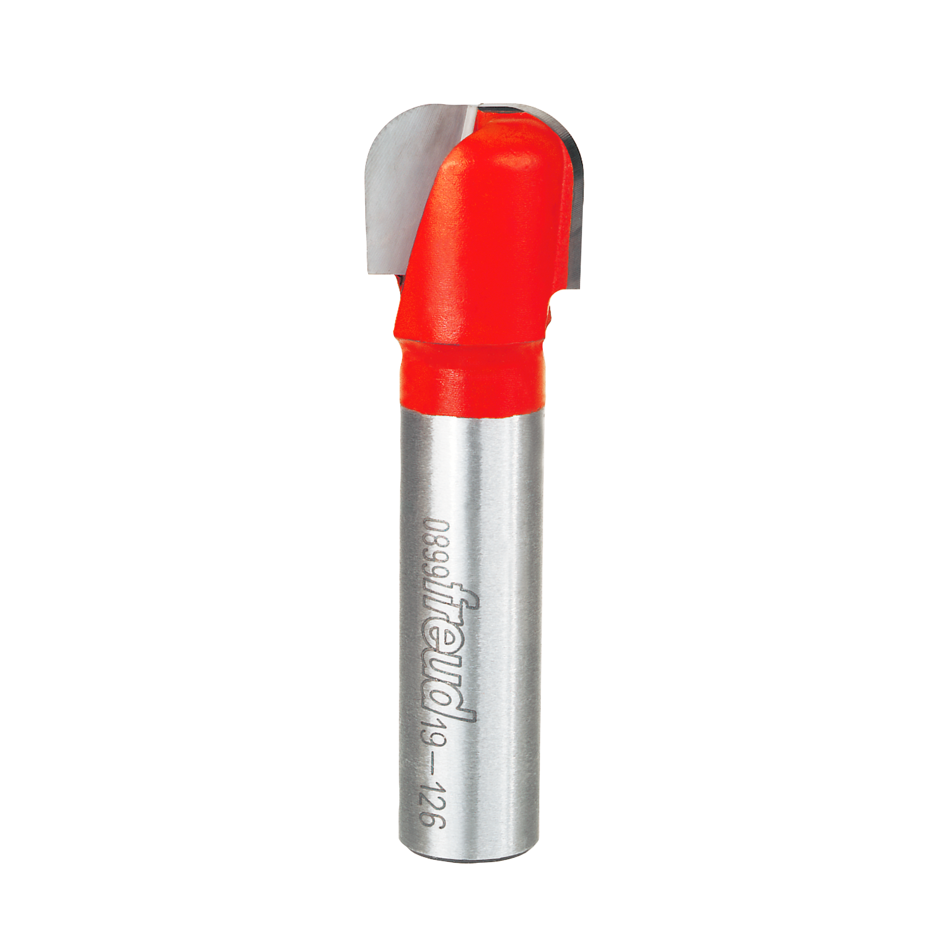 Red and gray router bit with curved cutting head for dish carving woodworking applications.