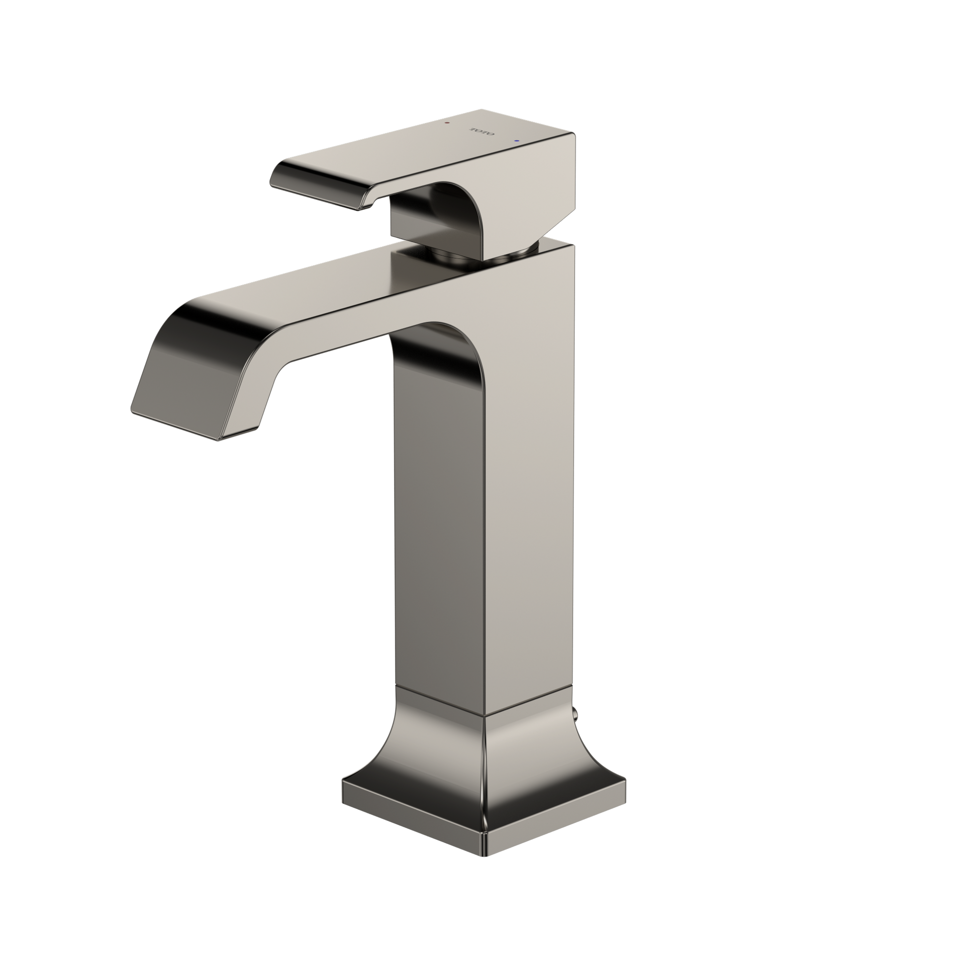 Polished nickel single-handle bathroom sink faucet with curved spout and rectangular base.