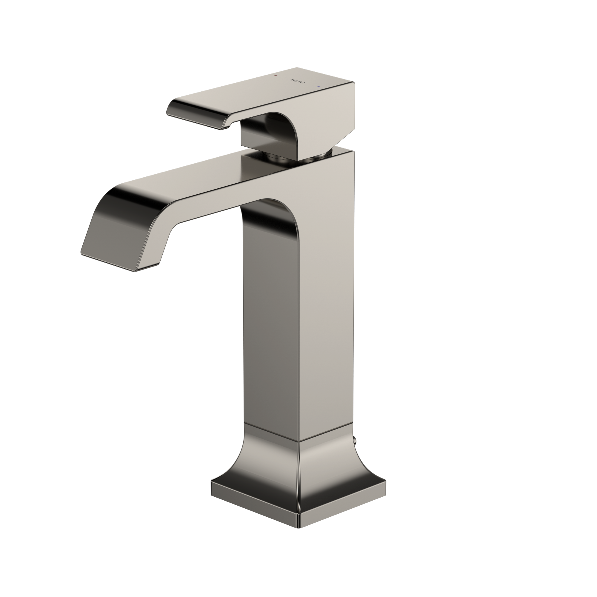 Polished nickel single-handle bathroom sink faucet with curved spout and rectangular base.