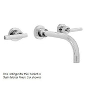 Chrome wall-mount bathroom faucet trim with curved spout and two lever handles.