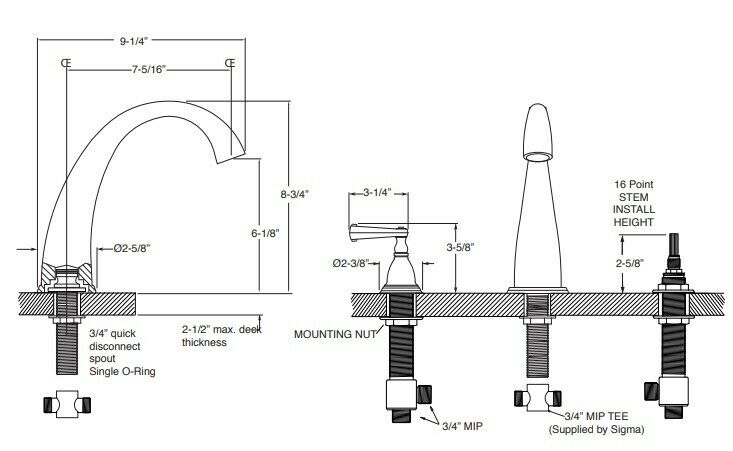 Satin nickel Roman tub faucet with curved spout and two lever handles, shown with installation dimensions and mounting hardwa
