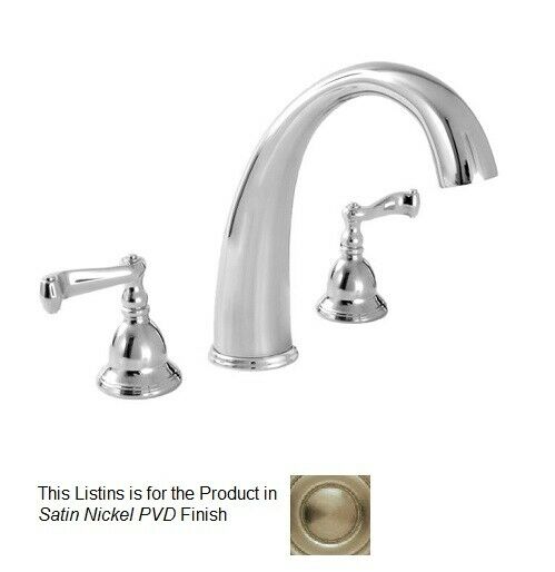Satin nickel three-piece roman tub faucet with curved spout and bell-shaped handles.
