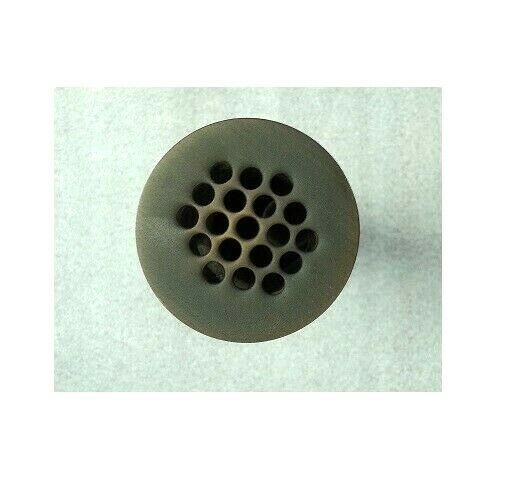 Round antique bronze grid drain with multiple overflow holes arranged in circular pattern.