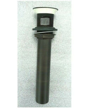 Antique bronze grid drain assembly with overflow holes and white ceramic collar cap.