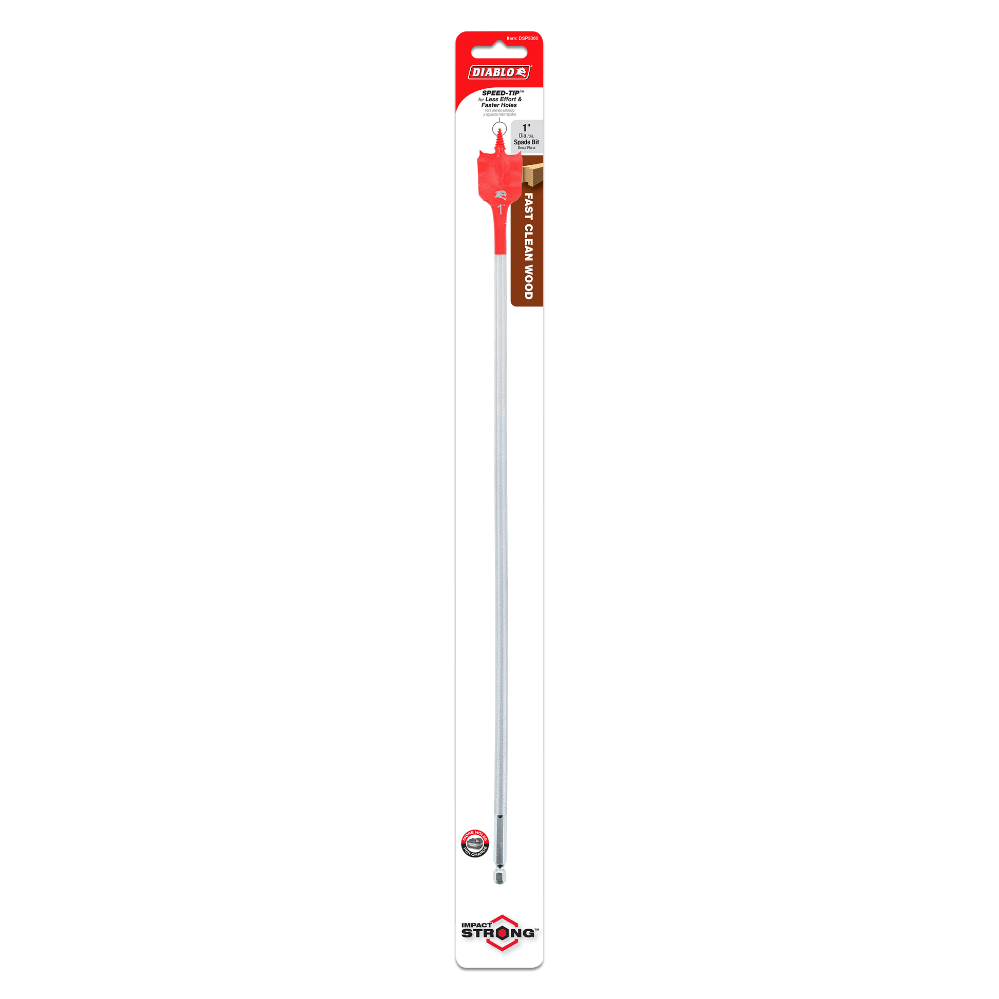 Red spade bit with long silver shaft in Diablo packaging, shown in full length.