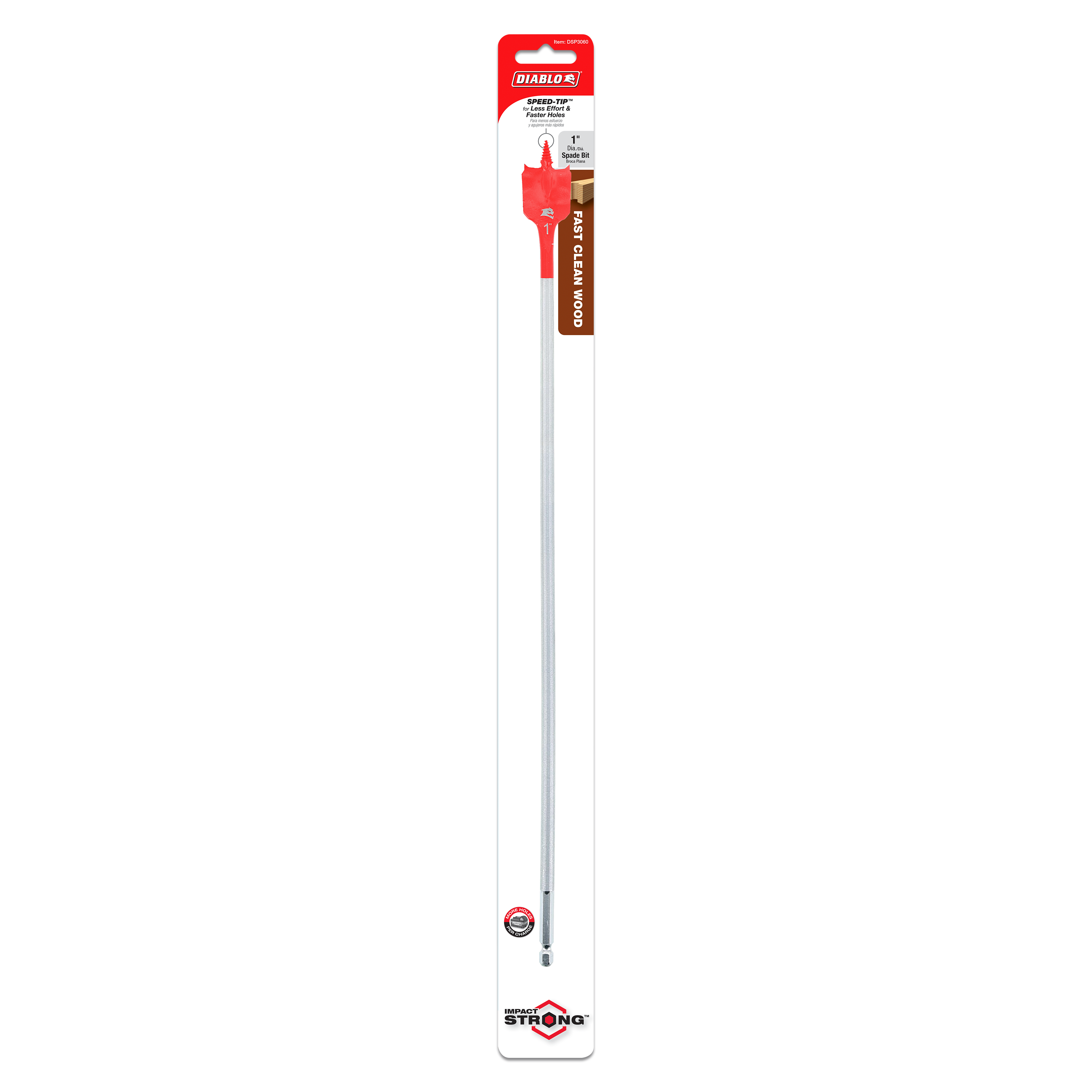 Red spade bit with long silver shaft in Diablo packaging, shown in full length.