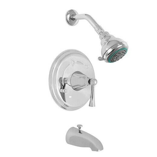 Chrome shower valve trim set with round escutcheon plate, lever handle, showerhead, and tub spout.