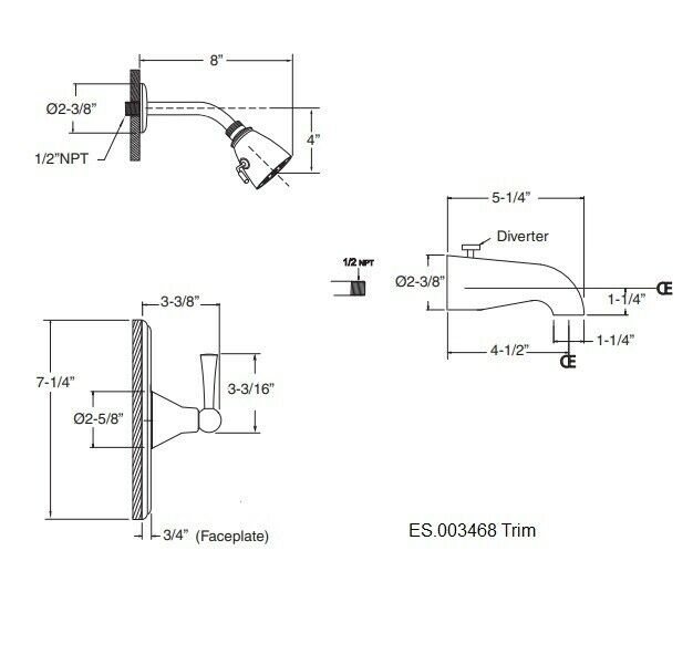 Chrome shower valve trim set with curved spout, diverter, wall plate, and mounting dimensions labeled.
