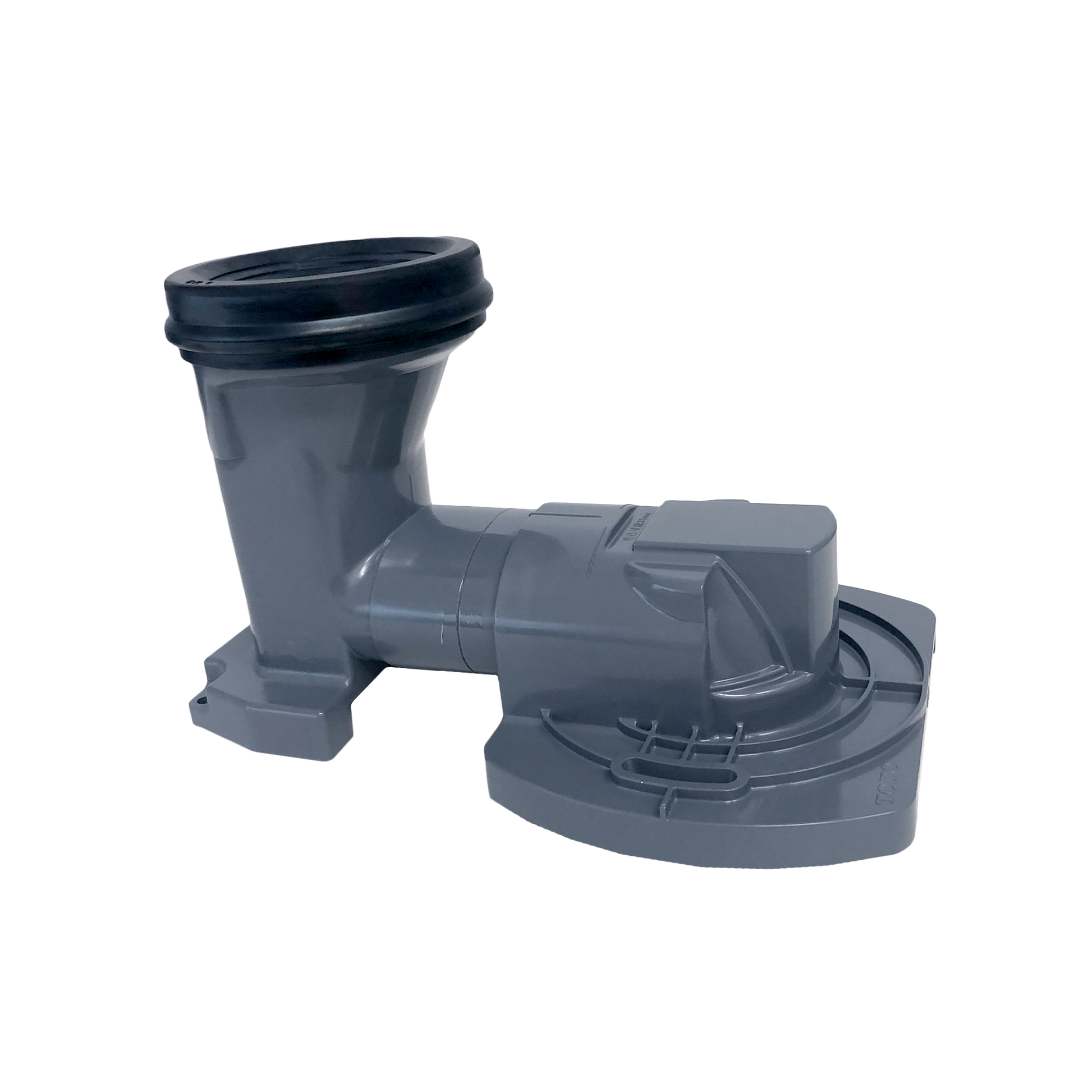 Gray plastic toilet trapway adapter with vertical outlet and curved connecting section with black sealing ring.