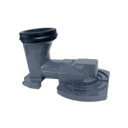 Gray plastic toilet trapway adapter with vertical outlet and curved base connector piece.
