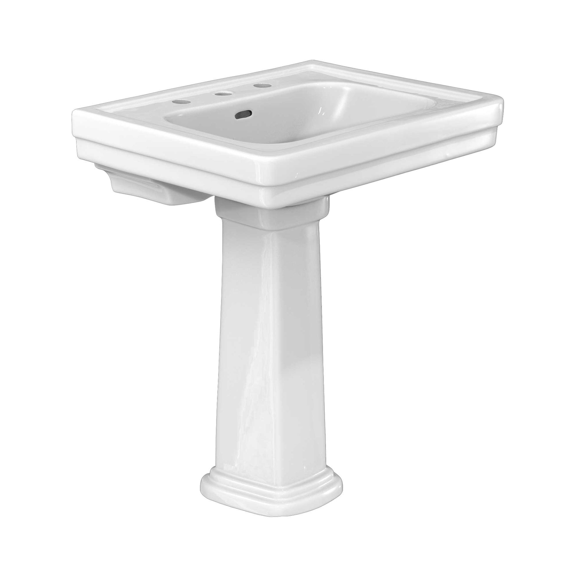 White rectangular pedestal sink with single basin and three faucet holes on deck.