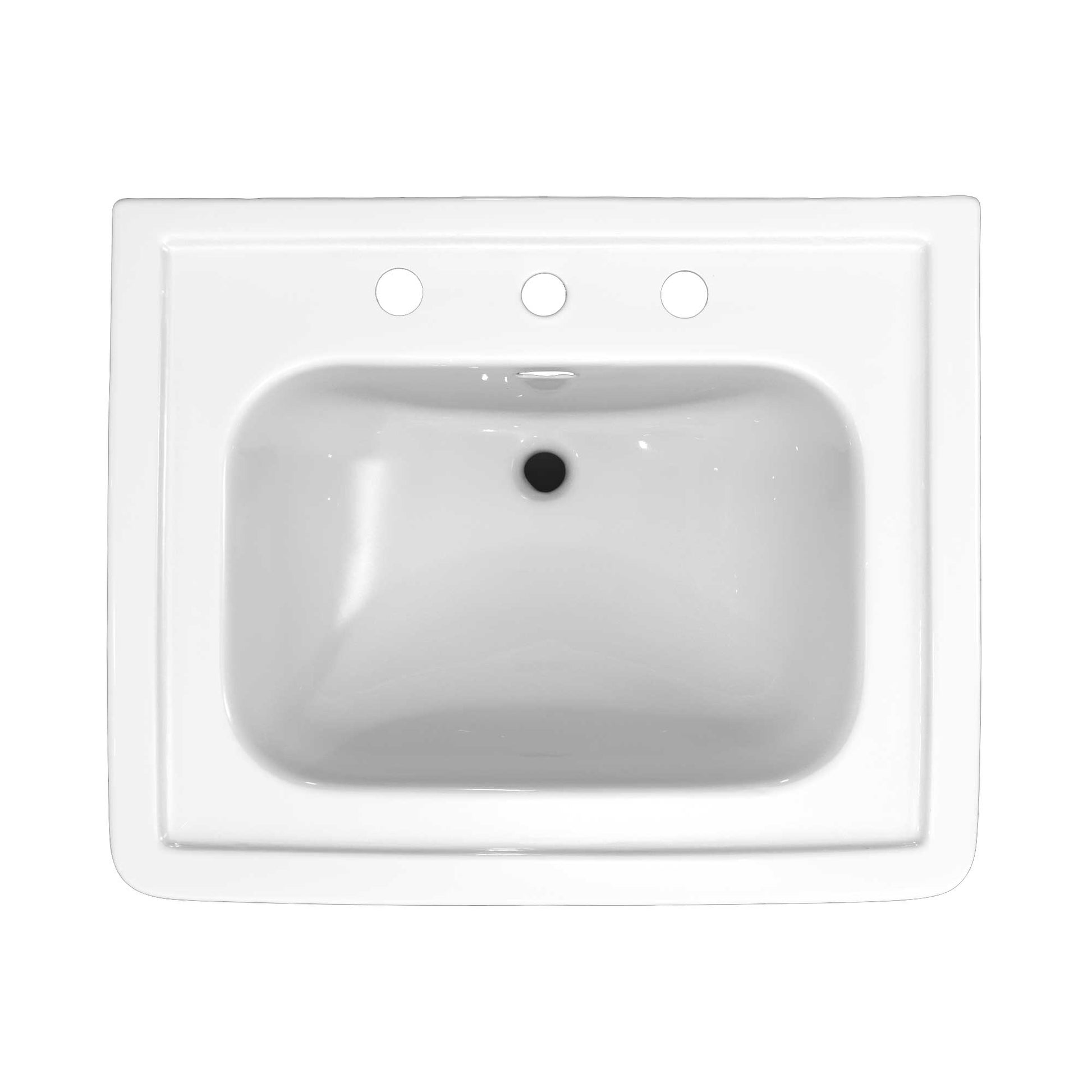 White rectangular pedestal sink bowl with three faucet holes and single drain hole.