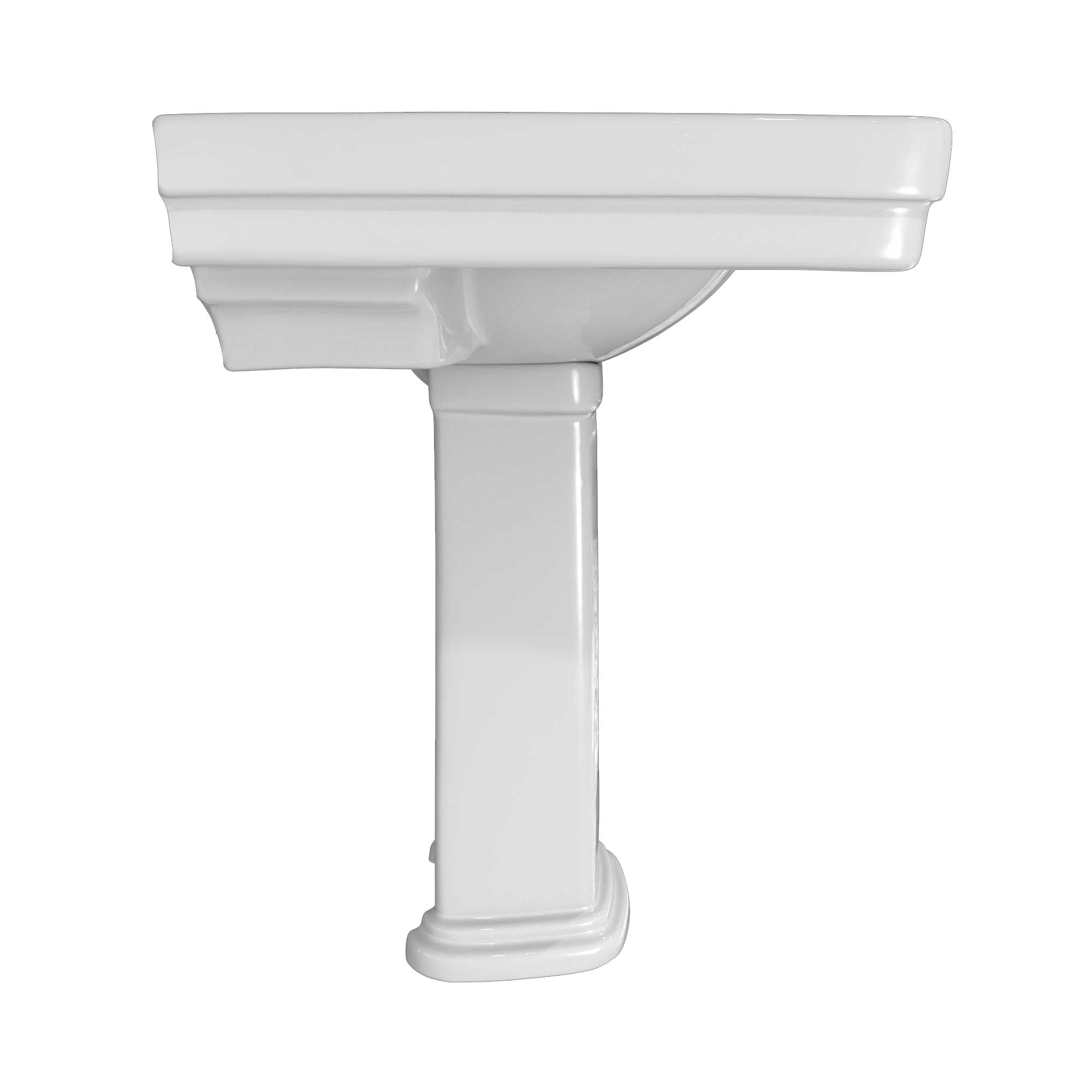 White ceramic pedestal sink with rectangular basin and tapered column support.
