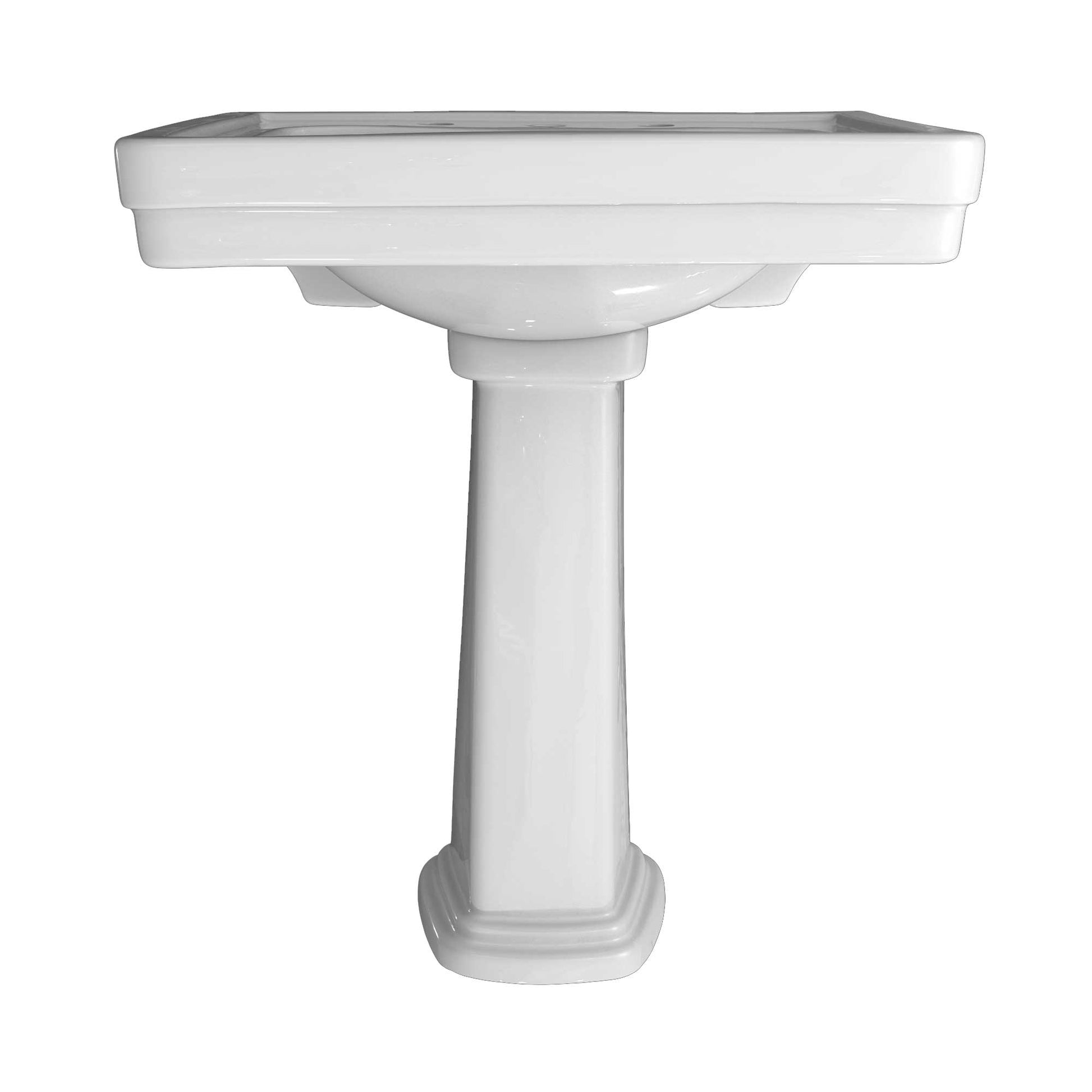 White rectangular pedestal bathroom sink with curved basin and cylindrical support column.