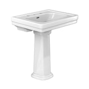 White rectangular pedestal sink with single faucet hole and overflow drainage holes in cotton finish.