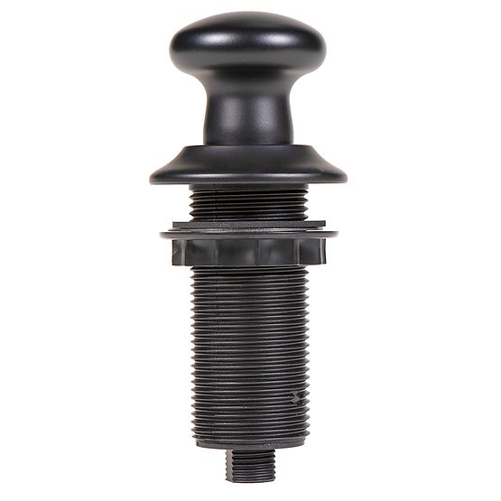 Matte black decorative air switch push button with rounded top and threaded cylindrical stem for sink installation.