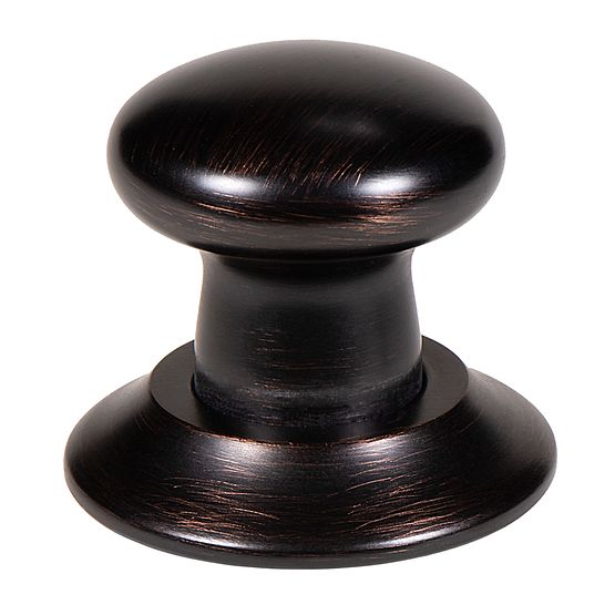 Oil-rubbed bronze push button air switch with mushroom-shaped cap and circular base.
