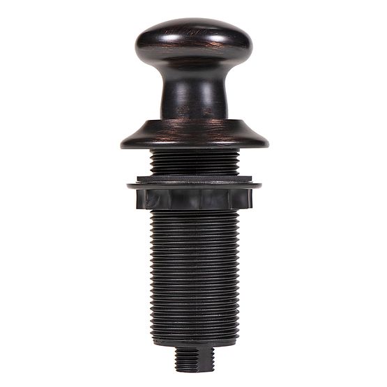 Oil rubbed bronze push button air switch with mushroom-shaped cap and threaded mounting stem for garbage disposal.