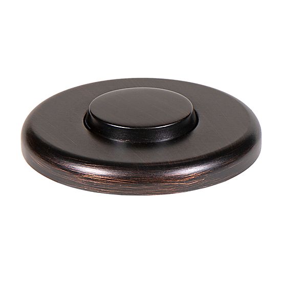 Oil rubbed bronze decorative air switch push button with circular base and domed center button.