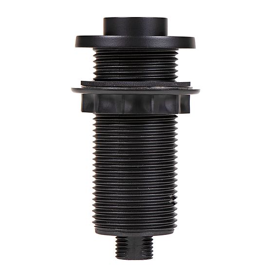 Matte black decorative air switch push button with tuxedo-style wide collar and threaded cylindrical body for sink installati
