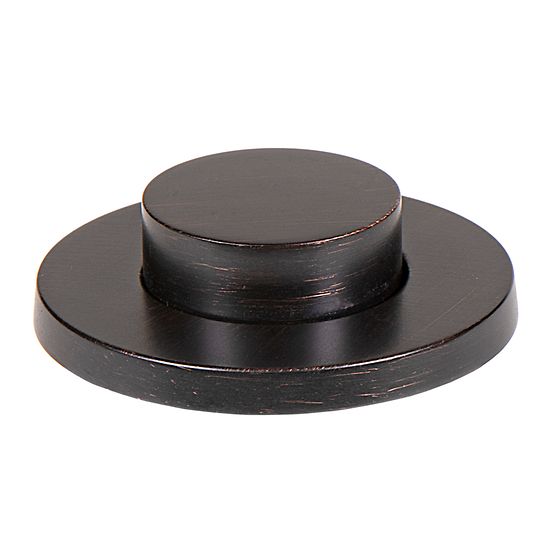 Oil rubbed bronze decorative push button with round raised center and flat base plate.