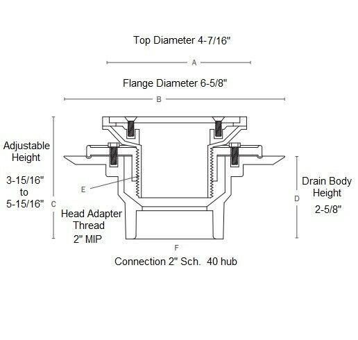 Satin nickel shower drain ring and round metal strainer with adjustable height and 2" MIP connection, shown in cross-section 