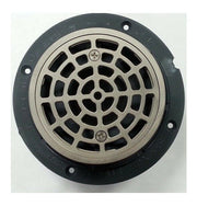 Satin nickel round shower drain strainer with black rubber ring and mounting holes.