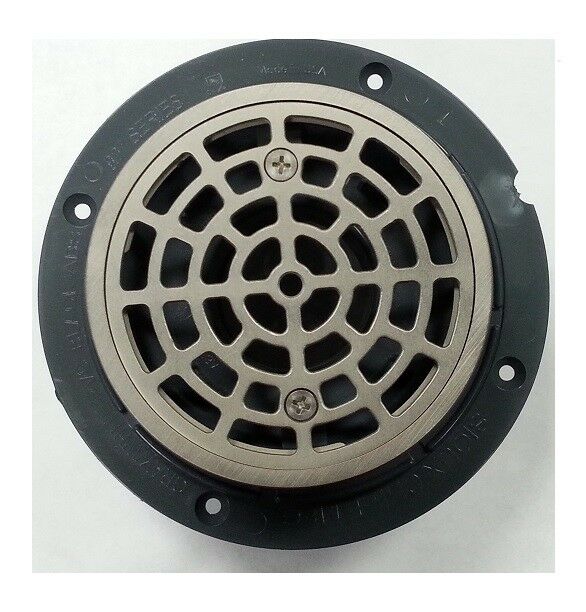 Satin nickel round shower drain strainer with black rubber ring and mounting holes.