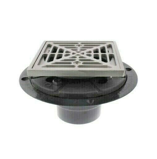 Square metal shower drain strainer with matte finish and circular mounting flange, grid pattern top surface.
