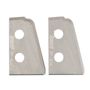 Two metal router knives with curved tops, two mounting holes each, and "Freud RP-B34" markings.