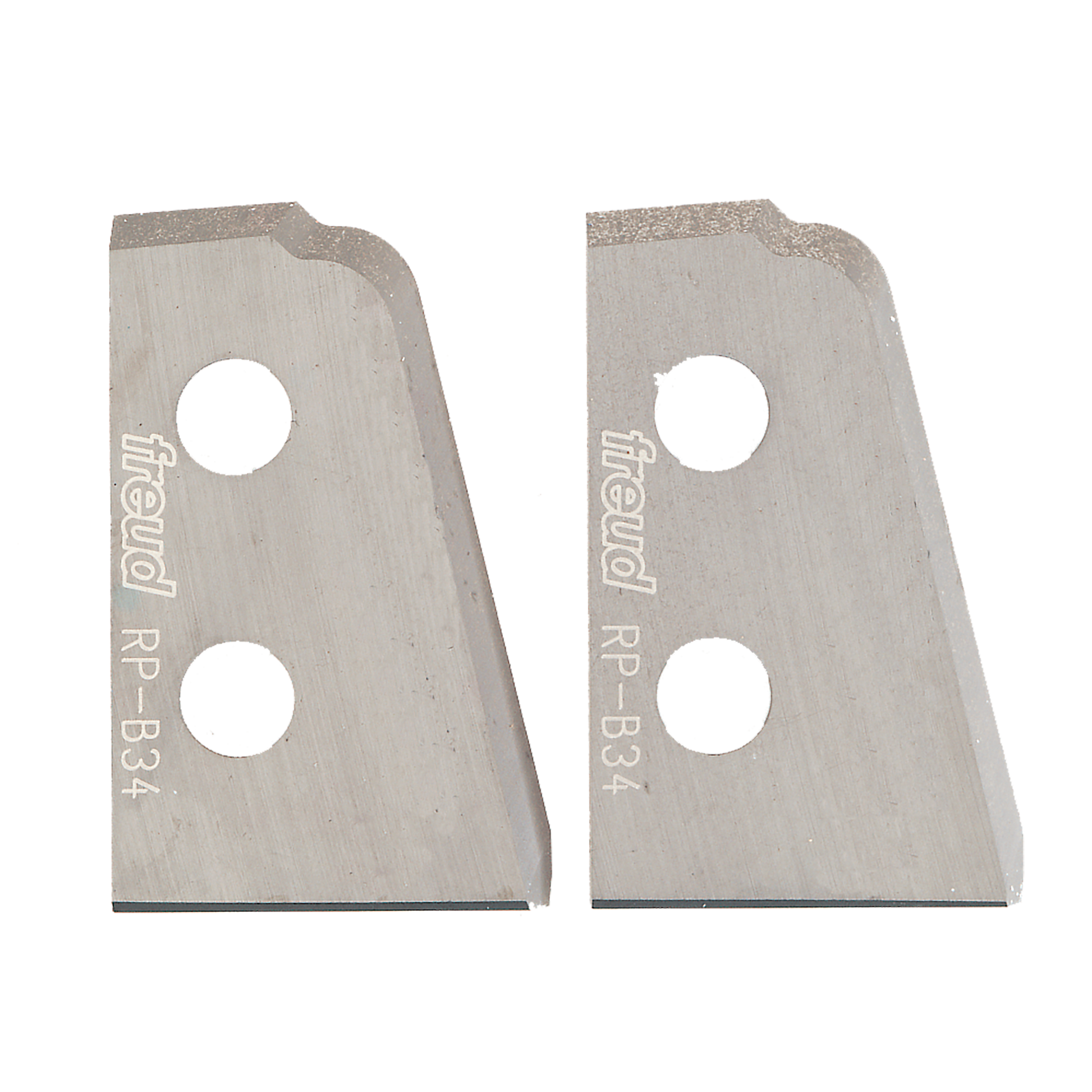 Two metal router knives with curved tops, two mounting holes each, and "Freud RP-B34" markings.