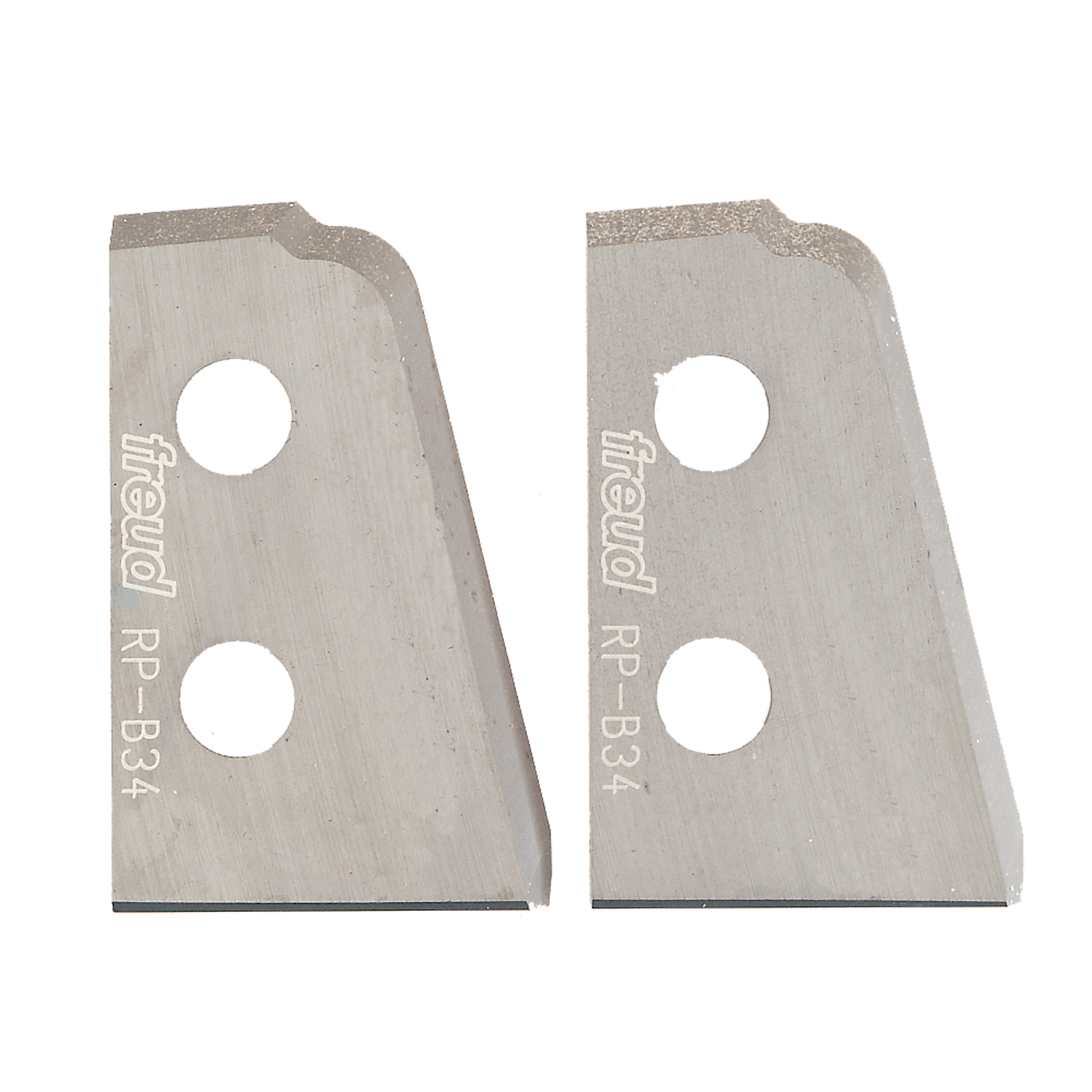 Two metal router knives with curved tops, two mounting holes each, and "Freud RP-B34" markings.