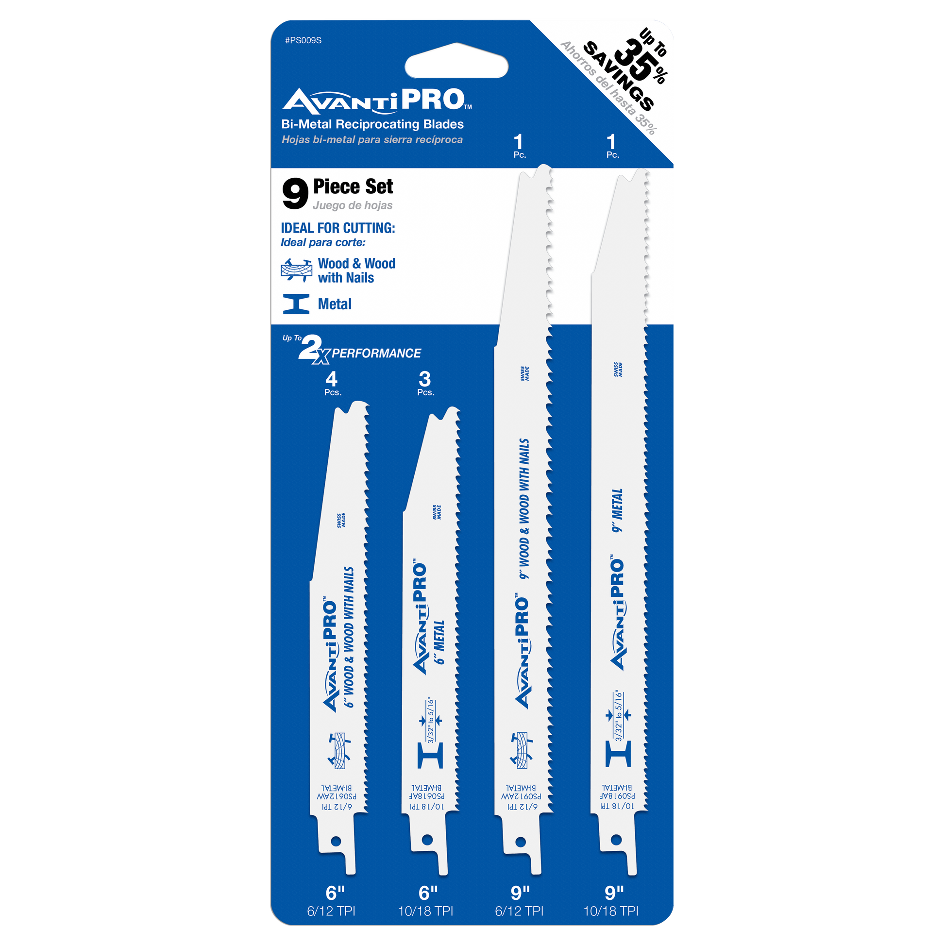 AvantiPro 9-piece bi-metal reciprocating saw blade set with blades for wood with nails and metal cutting applications.