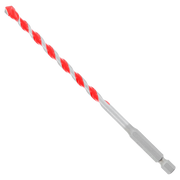 Red and gray carbide-tipped hammer drill bit with spiral flutes and hexagonal shank.