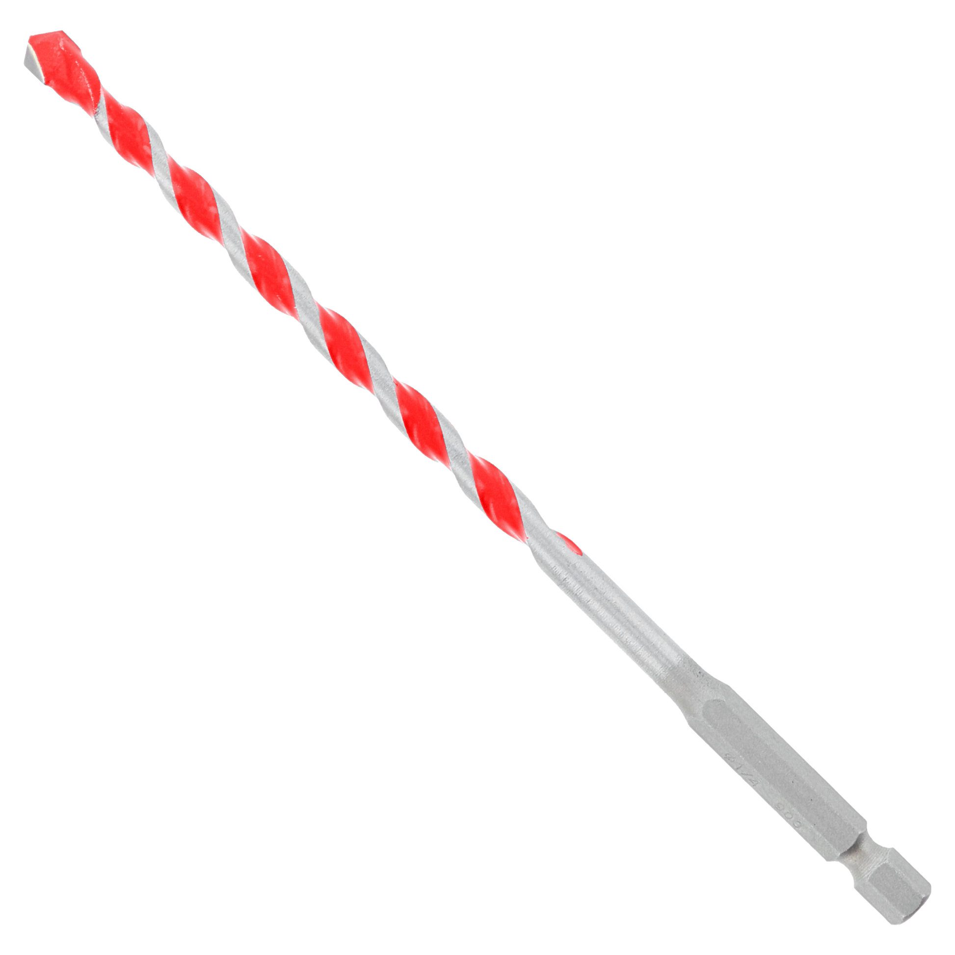 Red and gray carbide-tipped hammer drill bit with spiral flutes and hexagonal shank.