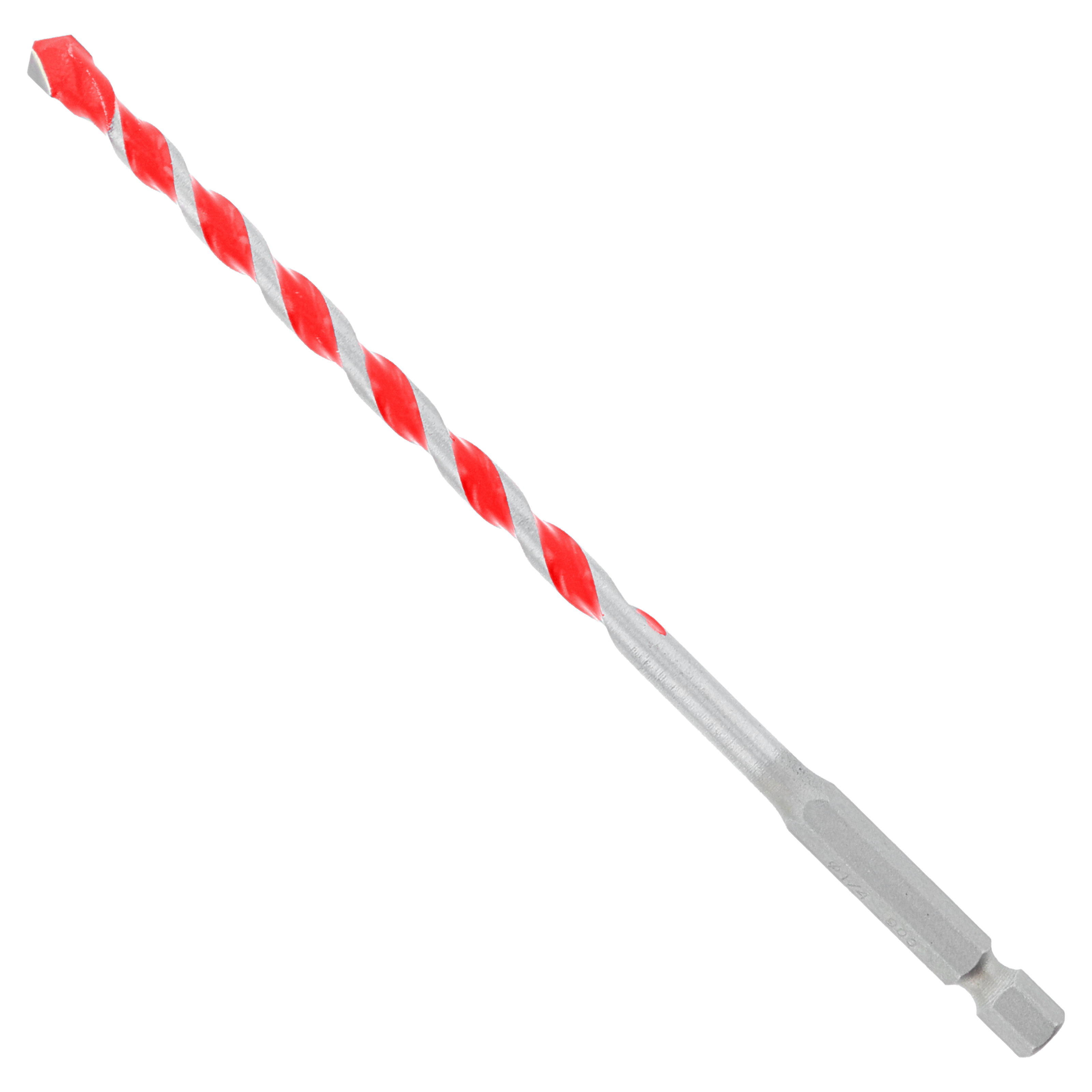 Red and gray carbide-tipped hammer drill bit with spiral flutes and hexagonal shank.