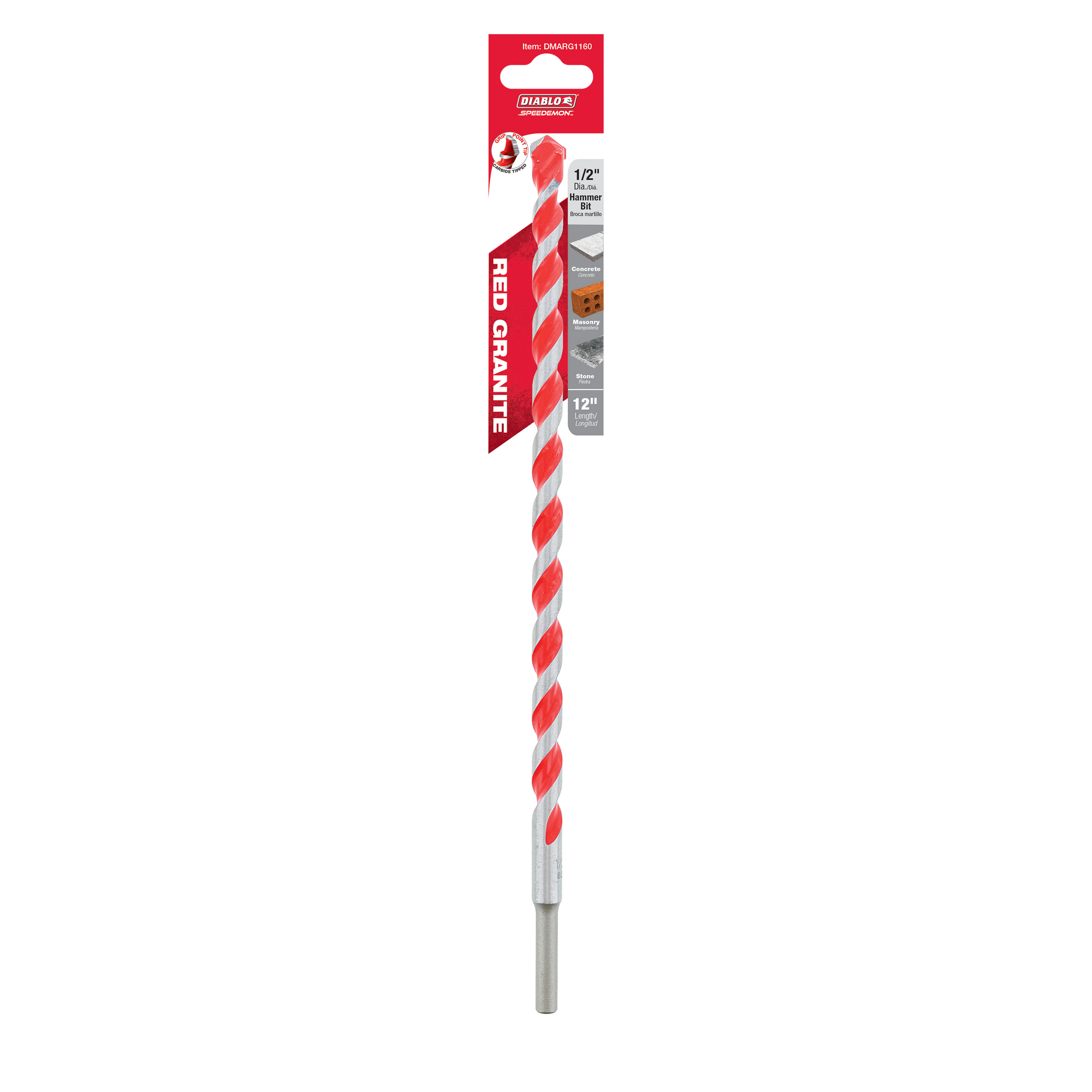 Red and gray carbide-tipped hammer drill bit with 1/2 inch diameter and 12 inch length in packaging.