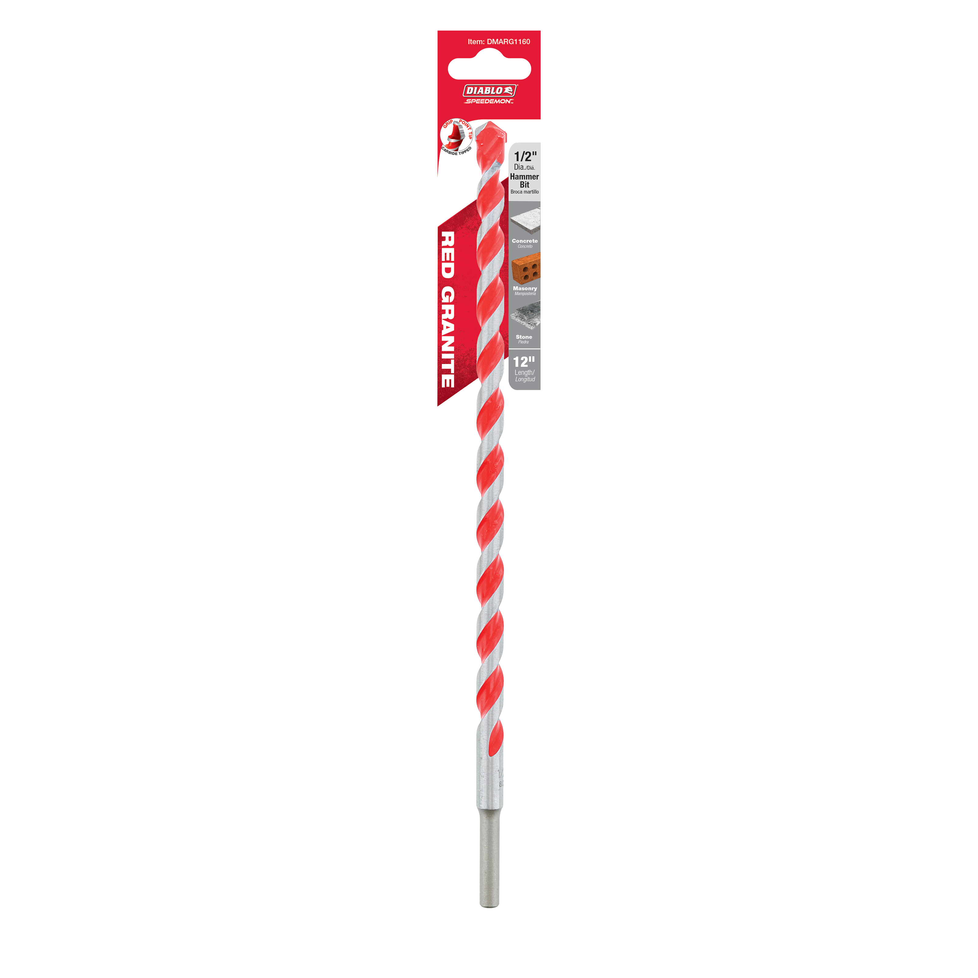 Red and gray carbide-tipped hammer drill bit with 1/2 inch diameter and 12 inch length in packaging.