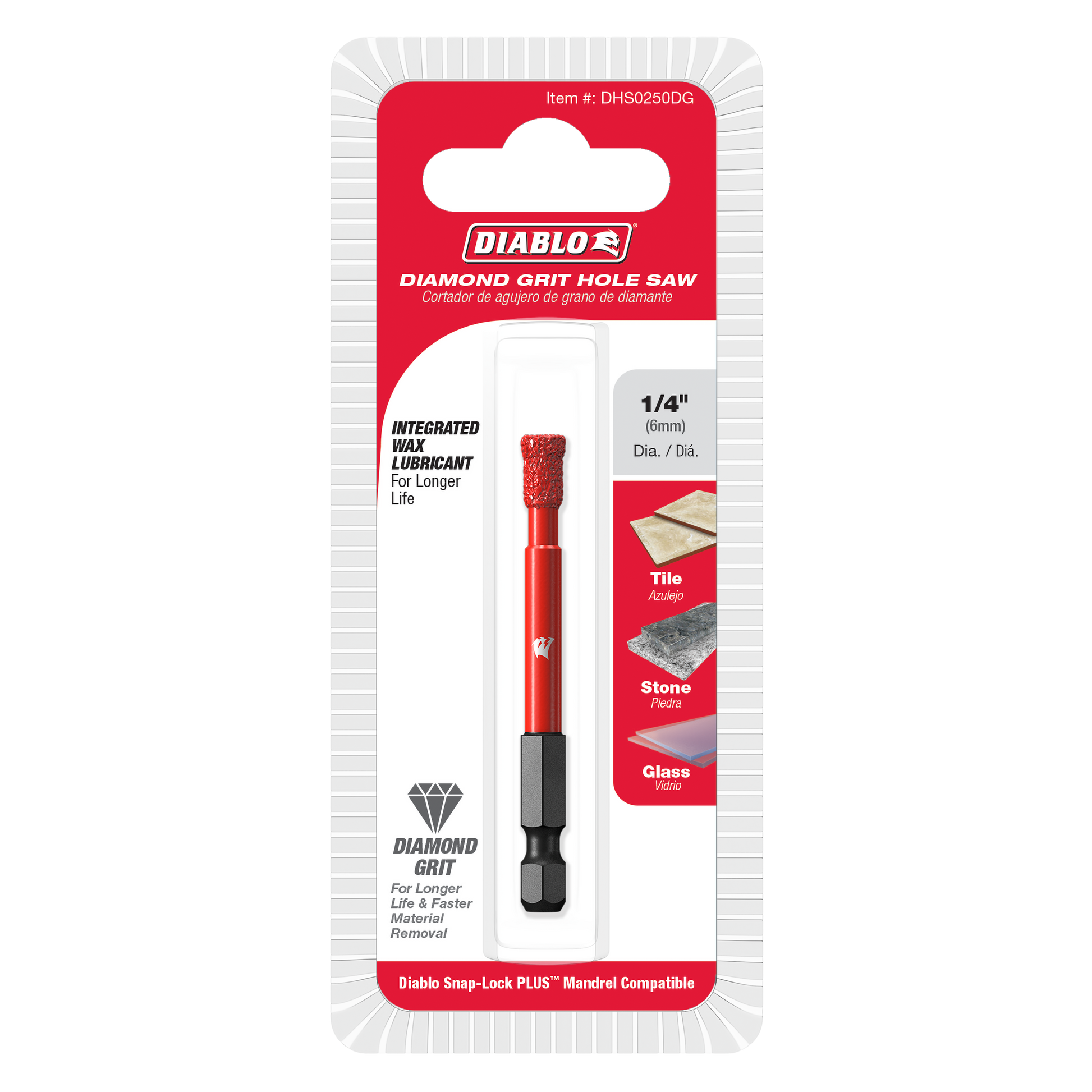 Red and black 1/4 inch diamond grit hole saw with integrated wax lubricant in retail packaging.