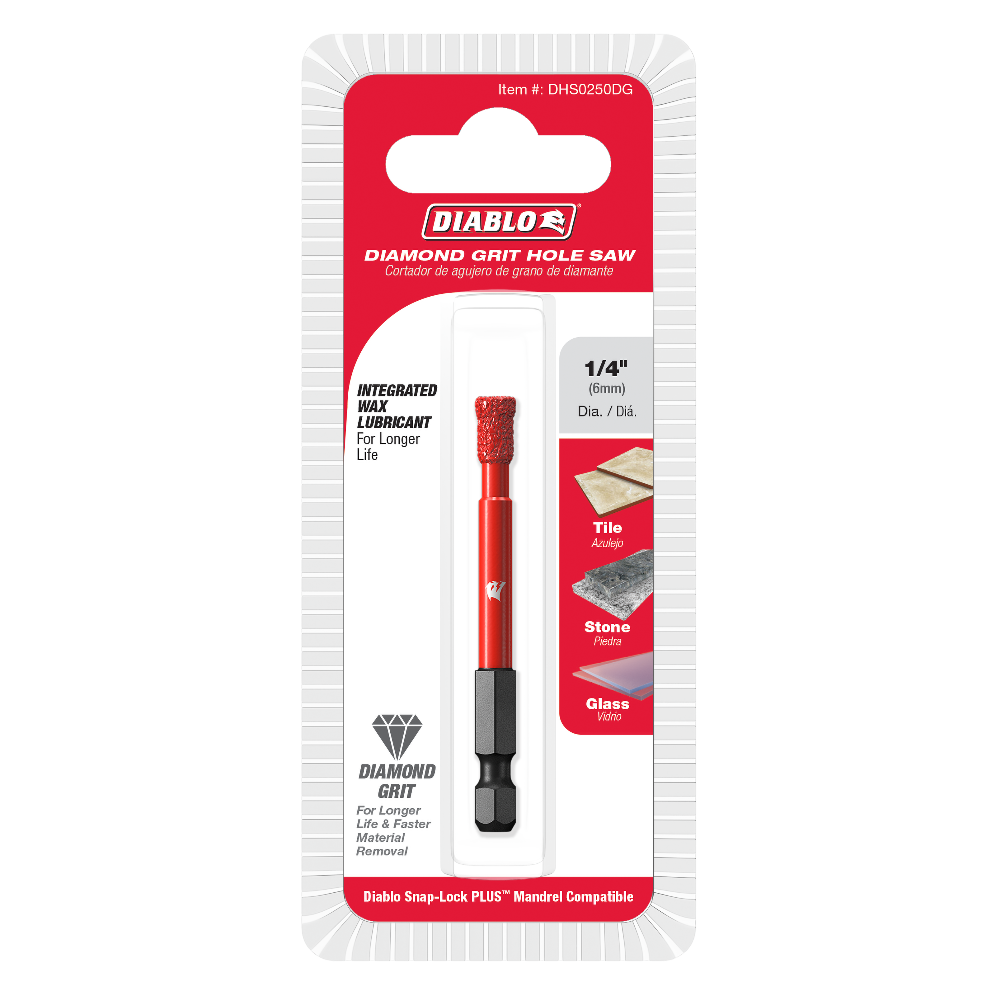 Red and black 1/4 inch diamond grit hole saw with integrated wax lubricant in retail packaging.