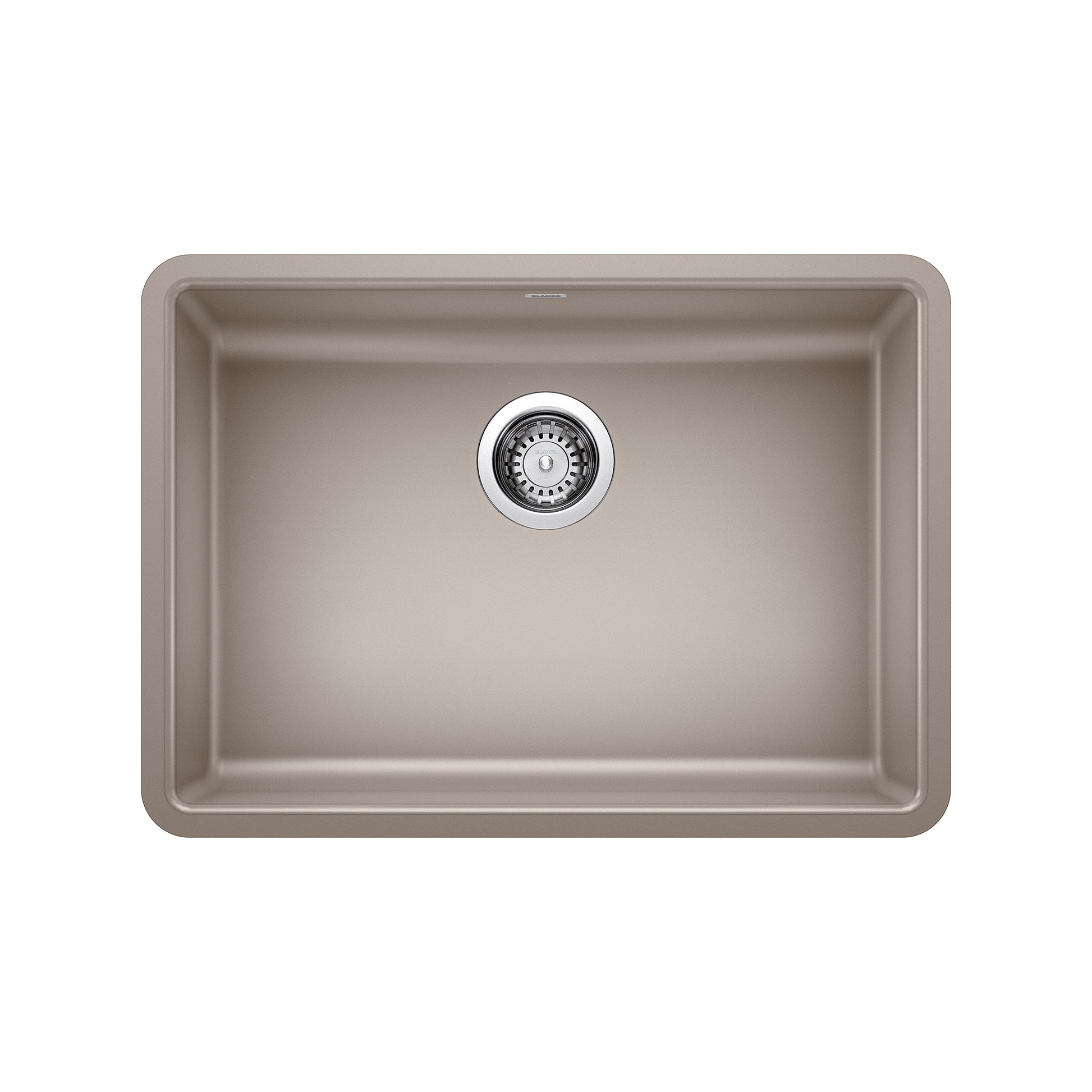 Truffle-colored single undermount kitchen sink with rounded corners and chrome drain strainer.