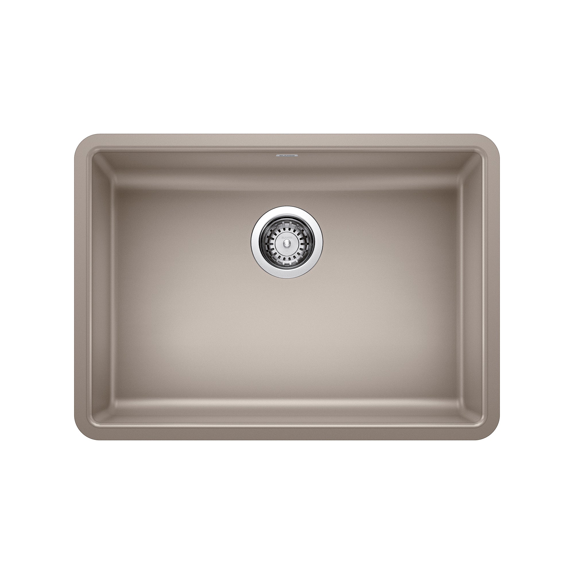 Truffle-colored single undermount kitchen sink with rounded corners and chrome drain strainer.