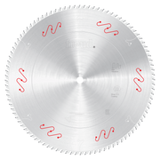 Freud 22-inch circular saw blade with fine teeth and red wavy markings around the perimeter for aluminum cutting.