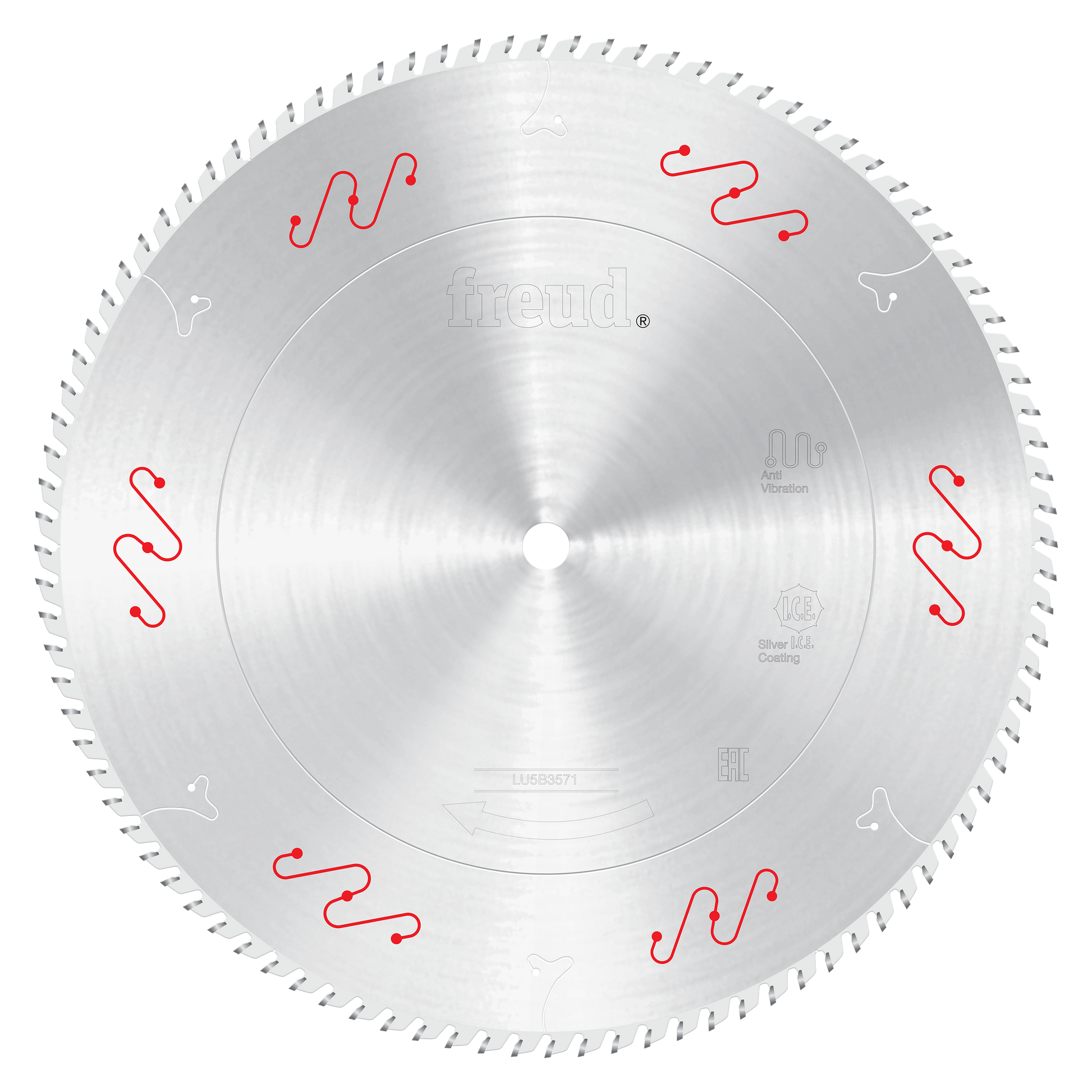 Freud 22-inch circular saw blade with fine teeth and red wavy markings around the perimeter for aluminum cutting.