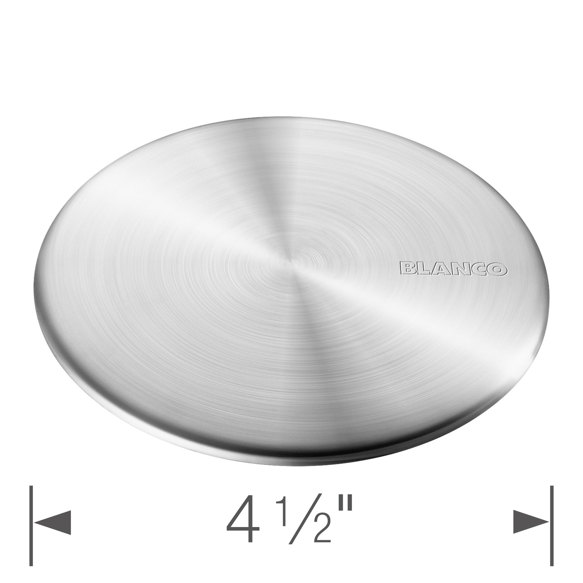 Brushed stainless steel circular drain cover with concentric circular pattern and Blanco logo, 4.5 inches diameter.