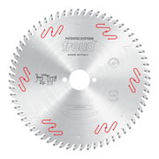 Circular saw blade with gray teeth around perimeter, white center hub, red wavy markings, and Freud branding on silver metall