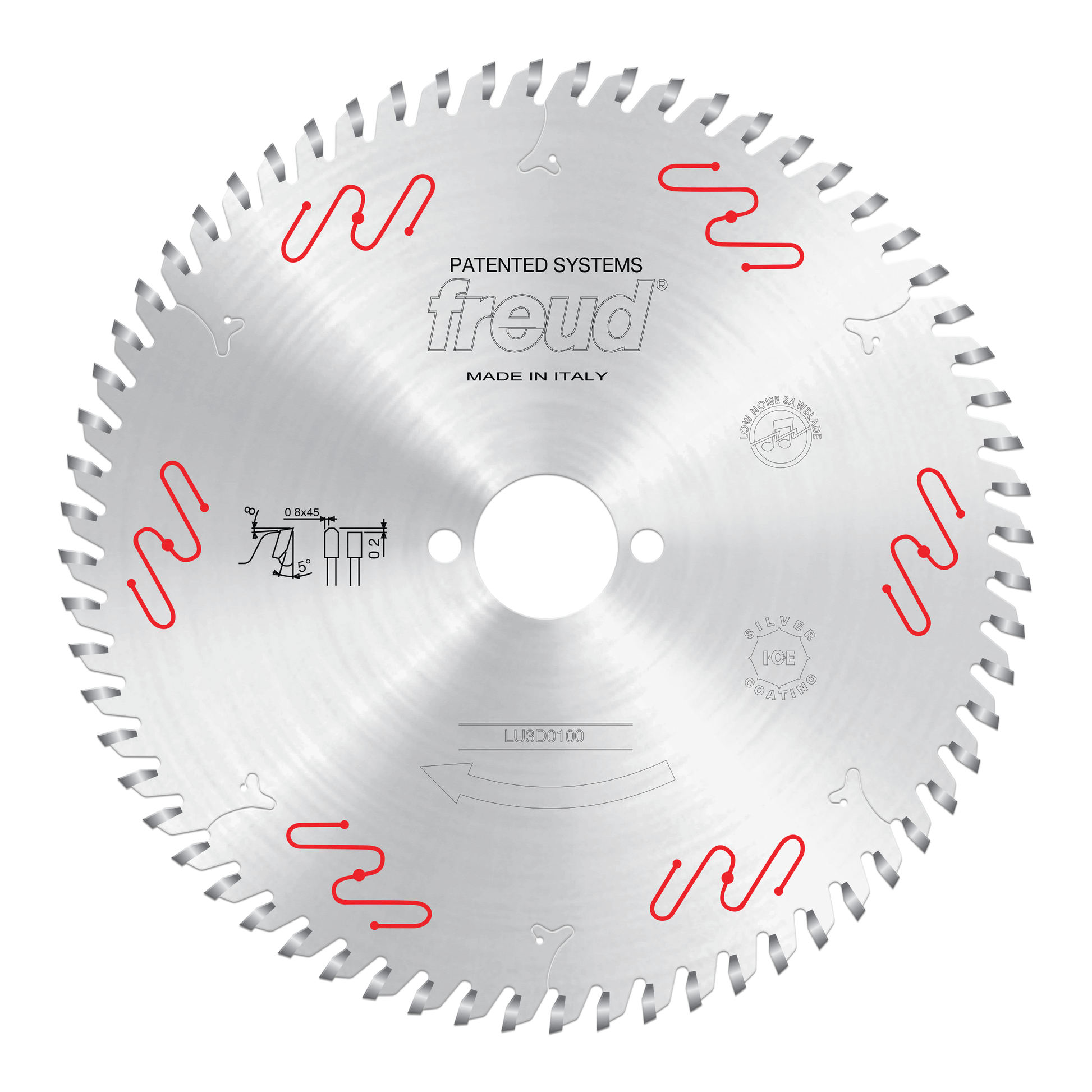 Circular saw blade with gray teeth around perimeter, white center hub, red wavy markings, and Freud branding on silver metall