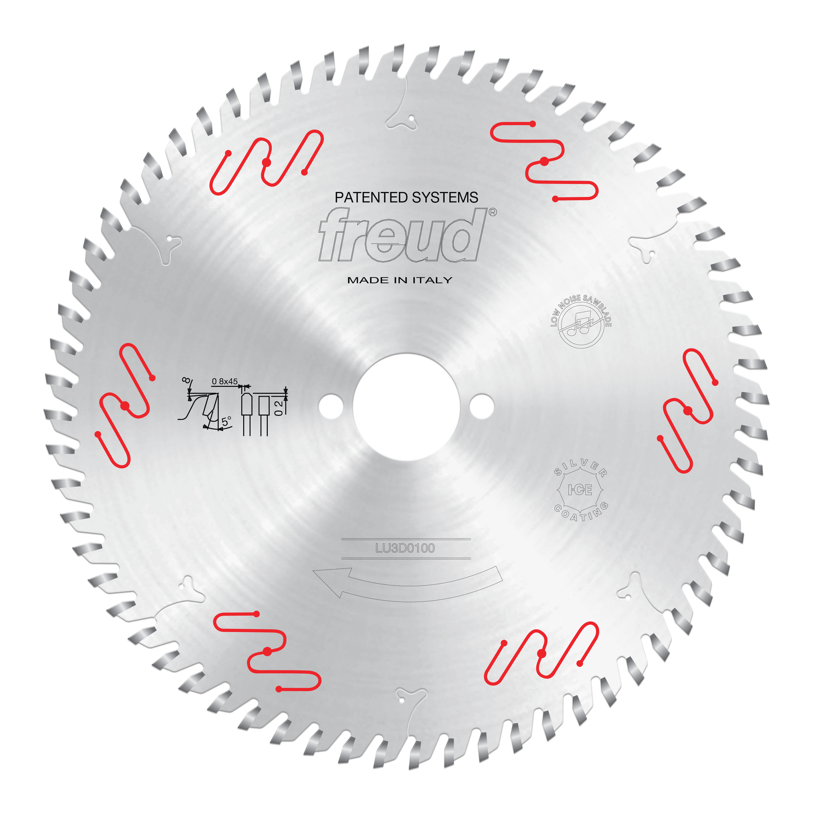 Circular saw blade with gray teeth around perimeter, white center hub, red wavy markings, and Freud branding on silver metall